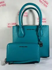 Michael Kors Mercer Medium Tile Blue Leather Messenger Satchel Bag&Wallet $368