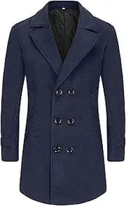 [Gsywaipei] Mens Mid Long Wool Winter Overcoat Slim Fit Double Breasted Pea Jacket Business Casual Woolen Trench Coat, Navy Blue, X-Large
