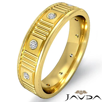 Diamond Eternity Wedding Band Men Matt Polish Finish Ring 14k Yellow Gold 0.13Ct