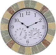 14 Inch Silent Retro Wall Clock with Thermometer & Hygrometer, Small Battery Operated Analog Quartz Indoor/Outdoor Clock for Living Room, Kitchen, Patio