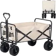 Folding Wagon Cart, Heavy Duty Garden Carts, 150kg Large Capacity Beach Foldable Outdoor Camping Grocery Utility Buggy Cart, Big Wheels & Adjustable Rolling Wagon Travel Shopping Use (Khaki)