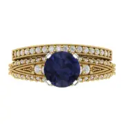 2.1ct Round Cut Pave Blue Sapphire Ring Band bridal Set 14k 2 Tone solid Gold