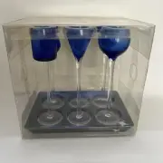 6 Colbolt Blue 7” Long Stem Cordial Shot Glasses with Blue Tray