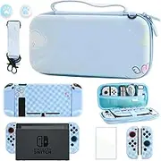 GLDRAM Blue Carrying Case for Nintendo Switch, Cute Cartoon Dog Switch Accessories with Shockproof Travel Bag, Dockable PC Latticed Protective Cover, Screen Protector, Shoulder Strap & 2 Thumb Caps