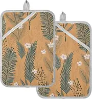 Pot Holder for Kitchen Brown Leaves Retro Old Time Potholders with Pockets Hot Pot Holders Pads Oven Mitts 2 Pack