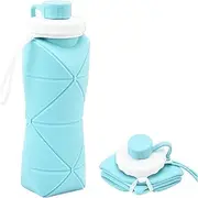 HKYLRAT Collapsible Water Bottle for Travel Essentials,Double Leak-proof Design, Bottle Cap with Safety Rope, BPA Free Silicone Foldable Water for Outdoor Hiking Sports, Lightweight(Blue)