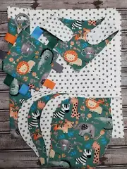 Flannel Baby Blanket, Burp Cloths (2), Baby Bib, Crinkle Tag Toy, Shower Gift