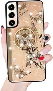 for Samsung Galaxy A13 5G Case for Women with Ring Kickstand,Bling Diamond Cute Butterfly Flower Design,Luxury Glitter Sparkle Pearl Hard Back Soft Raised TPU Edge,Shiny Stylish Shockproof Cover Pink