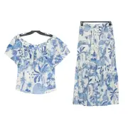 NWT Nicole Miller Top Skirt Set Coastal Resort Cottage Boho Retro Blue Small