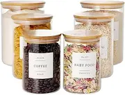 CZZGSM Set of 6 Glass Flour and Sugar jars with 132 Kitchen Pantry Labels - Thicken Large Glass Storage containers with Airtight Bamboo Lid - Glass Rice Canisters for Salt Coffee(100OZ/54OZ/27OZ)