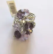 My Fun Color RING- dangling cascading Beads- Iris- purples silver size 6