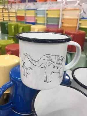 Thai Elephant Enamelware Cup Mug Vintage Coffee White Blue Thai Enamel Camping