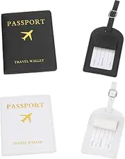 [uxcell] Passport Holder with Luggage Tag, 2 Set of Leather Travel Passport Cover Wallet with Suitcase Tag Travel Accessories for Men Women Airplane, Black/White