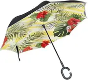 Double Layer Inverted Umbrella Cars Reverse Umbrella Palm Leaves Hibiscus Flower Windproof UV Proof Travel Outdoor Umbrella