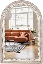 Arched Mirrors Decorative Wall Mirror - 36x24'' Farmhouse Bathroom Mirror Distressed Wooden Living Room Mirrors with Beaded Boho Accent Mirror for Hallway, Entryway - Vertical/Horizontal