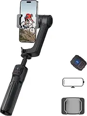 Single-Axis Smartphone Gimbal Stabiliser with Remote Control, Anti-Shake, Fill Light, Foldable Tripod, Compatible with iPhone and Android