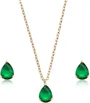 [Teppdfann] Emerald Green Jewelry Set for Women – Gold and Green Jewelry Necklace & Earrings Set, Vintage Necklace and Stud Earrings for Gift, Metal, Emerald