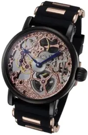 Rougois Rose Gold Tone Mechanical Skeleton Watch - Silicone Band