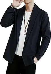 [HangNiFang] Mens Casual Cotton Linen Work Wear Suit Blazer Kimono Cardigan Jacket Open Front Coat Outwear