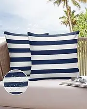LOVE HOME DAY Simple Navy Blue White Stripes Outdoor Pillow Covers Set of 2,Decorative Waterproof Throw Pillow Case, Nautical Theme Stripe Cotton Linen Soft Cozy Cushion Pillowcases