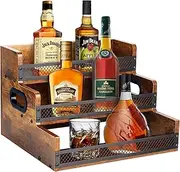 Liquor Bottle Display Shelf, Coffee Syrup Rack Organizer, 3 Step Countertop Liquor Wine Rack, 12 Bottles Coffee Station Organizer with Fences & Handles, Home Retro Bar Shelf Stand for Liquor Whiskey