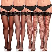 [Zuimei] 4 Pairs Fishnet Thigh High Stocking for Women, Silicone Anti-skid Lace Silk Top Sheer Tights Mesh Tights Over Knee Stockings Fishnet Stockings for Women Dancing Party Supplies, Black, One Size