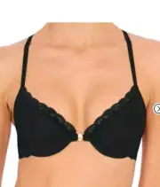 New NATORI 735023 Black Feathers Embroidered Front Closure T-back Bra Size 34DD