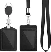 2 Pack Badge Holders Set, Vertical ID Badge Card Holder with 1 Clear ID Window, ID Card Holders Set with Detachable Neck Lanyard Strap and Retractable Badge Reel(Color:Black)
