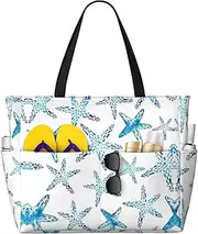 [Ghjkfbf] Cute Starfish Print Large Capacity Beach Travel Bag For Family, Beach Tote Bag For Women With Zipper Pockets, Black, One Size