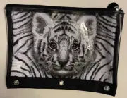 NWT Justice Girls White Tiger Pencil Case Sparkle Black BPA Free Canvas Zipper