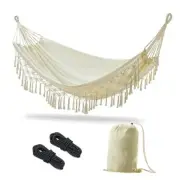 Boho Macrame Double Hammock with Hanging Ropes & Natural White With Tassel