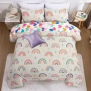 A Nice Night Rainbow Kids Comforter Set for Girls, Twin Size 6 Piece Bed in a Bag Soft Polyester Bedding Set with Floral, Grass & Rainbows Design