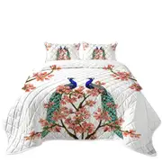 Peacocks and Pink Flowers Coverlet