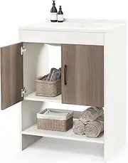 Giantex 63.5cm Under Sink Bathroom Vanity Cabinet with Open Shelf & Vessel Sink Combo (White & Grey)