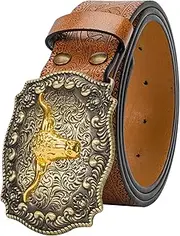 [Mawjom] Women Men Western-PU-Leather-Belts for Cowboy-Cowgirl Longhorn-Bull-Pattern-Engraved-Buckle-Belt for Unisex