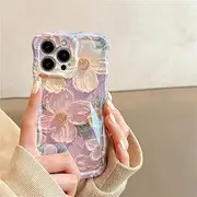 ELEPIK for iPhone 13 Pro Max Case, Stylish Floral Oil Painting Design, Glossy Finish with Curly Wave Edges, Durable TPU, Protective & Elegant Cover for Girls Women, Pink