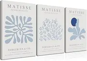 Bwodke Framed Abstract Matisse Blue Plant Leaves Canvas Wall Art Poster Print Poster Set of 3 Flower Market Aesthetic Pictures Minimalist Wall Decor Painting Living Room Bedroom Bathroom (Blue,
