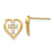 Madi K Kid's Earrings 14k Yellow Gold CZ Solid Heart Cross Post, 10 mm