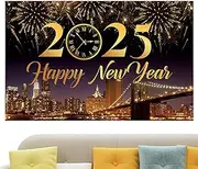 Happy New Year Background 2025 - Black Gold New Year Backdrop,New Year Banner Photo Backdrop, Photo Booth Props, Happy New Year Back Drop, New New Year Decorations