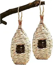 2 PCS Humming Bird Nest Grass Woven Hummingbird House Teardrop Shaped Bird House Eco-Friendly Hanging Bird House Bird Boxes Garden Small Birds for Garden Window Outdoor Home Decoration