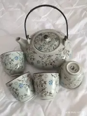 Pier 1 Tomoko Teapot and Tea Cups Set Hand-Painted Blue Flowers Brown & Green