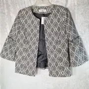NWT Kasper Black White Diamond Print Bell Sleeve Open Front Blazer Jacket Size 6