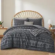 Oli Anderson Grey Queen Comforter Set - Tufted Geometry Bedding, 3 Pieces Boho Shabby Chic With 2 Pillowcases (Grey)