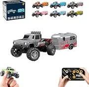 OEIN Mini Rc Monster Truck, Alloy Rc Semi Truck with Trailer, 1:64 Scale Monster Truck Remote Control Car with Lights, Mini Monster Truck Rc Car with Trailer (Grey)