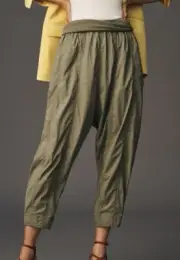 Anthropologie XL Green Moss Seamed Cropped Harem Shiny Pants NWT