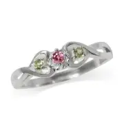 Petite Natural Pink Tourmaline and Peridot 925 Sterling Silver Twin Heart Ring