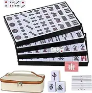 DSNGEZ Japanese Riichi Mahjong Set, White and Yellow Large Size Tiles - with East Wind Tile, Set of Scoring Sticks, and Dices.
