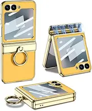 Magnetic Folding Litchi Leather Case for Samsung Galaxy Z Flip 6, All-Inclusive Phone Protective Cover for Flip6, Anti-Drop Shell with A Electroplating Ring (Yellow, for Flip 6)