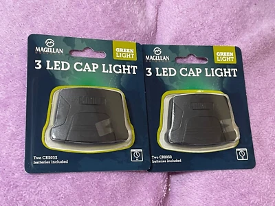 2 PC- Magellan Outdoors 3 LED Cap Light -Green Light- W/ Hat Clip And Batteries