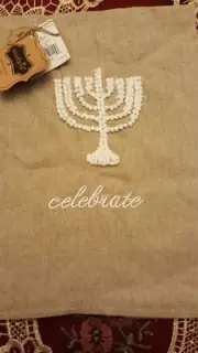 Mud pie oatmeal linen French knot embroidered Menorah Hand towel
